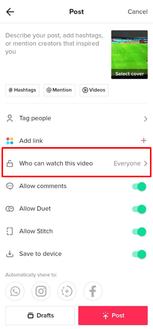 Save a TikTok to Camera Roll - TikTok draft video visibility settings