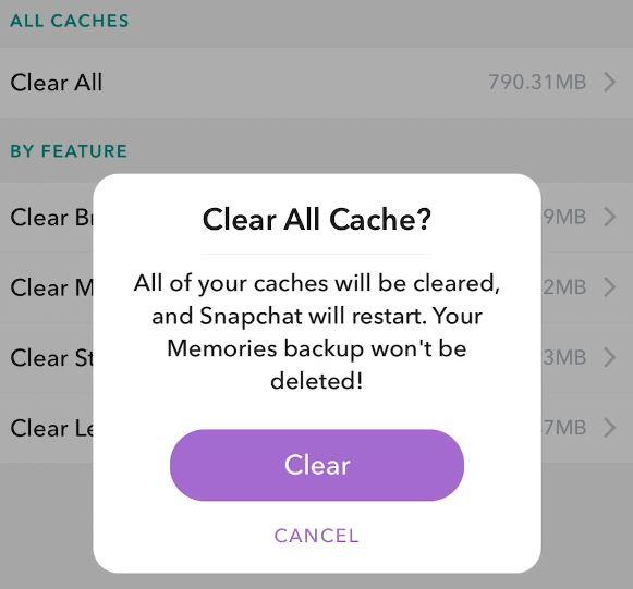 Snapchat Cache clear